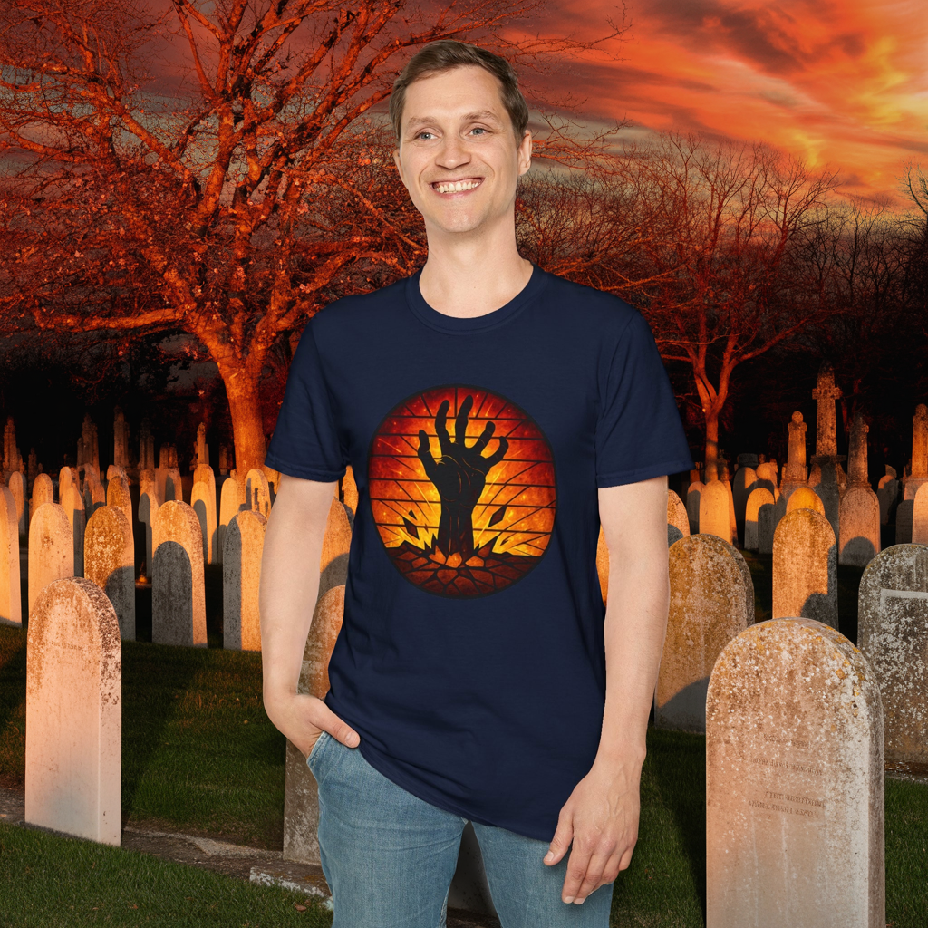Zombie Hand Sunset T-Shirt – Stained Glass Horror Shirt, Halloween Gothic Tee, Undead Rising Art Tee, Creepy Spooky Shirt for Fall