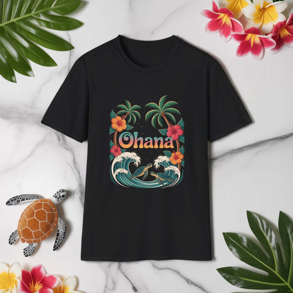 Ohana Shirt - Retro Hawaiian Sea Turtle & Palm Tree Graphic Tee - Tropical Beach Family Gift, Summer Vacation Aesthetic T-Shirt