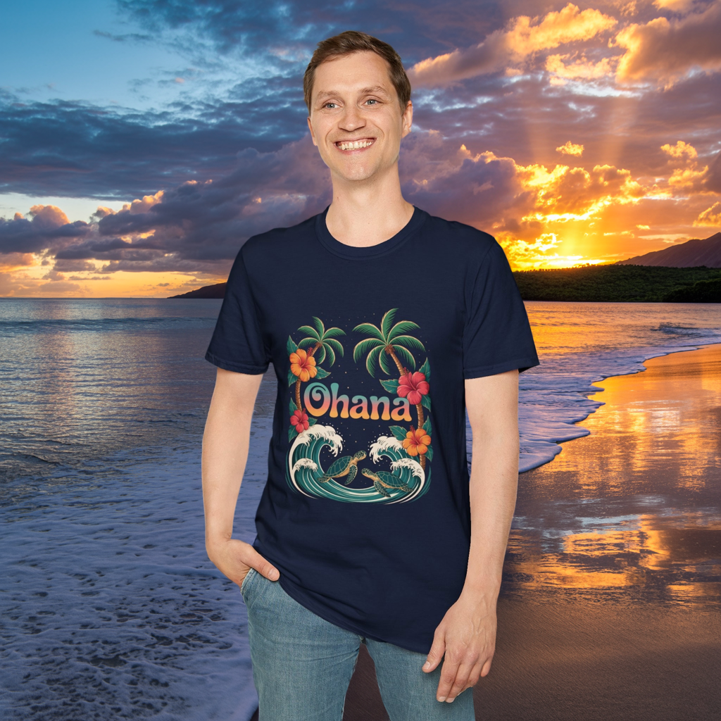 Ohana Shirt - Retro Hawaiian Sea Turtle & Palm Tree Graphic Tee - Tropical Beach Family Gift, Summer Vacation Aesthetic T-Shirt