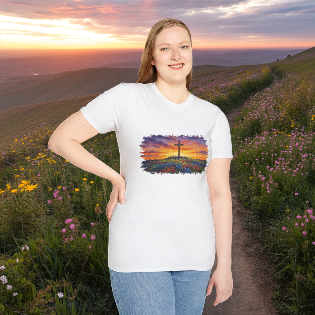 Van Gogh-Style Cross Sunset T-Shirt | Christian Faith Tee, Impressionist Nature Cross Shirt, Sunset Religious Art, Faith & Landscape Gift