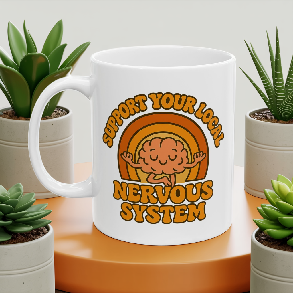 Support Your Local Nervous System Mug | Funny Brain Coffee Cup, Mental Health Gift, Retro Neurodiversity Humor Tea Mug for Self Care