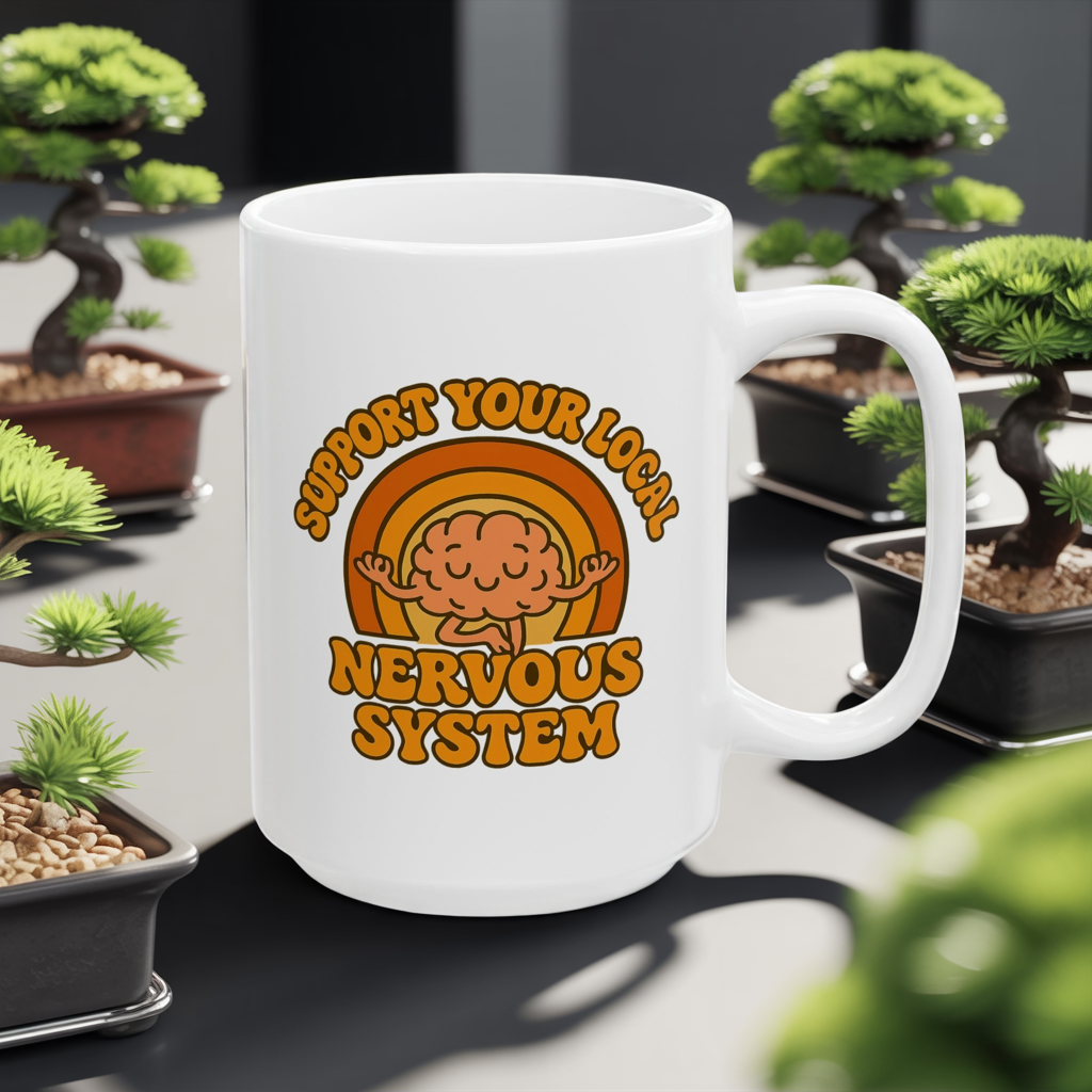 Support Your Local Nervous System Mug | Funny Brain Coffee Cup, Mental Health Gift, Retro Neurodiversity Humor Tea Mug for Self Care