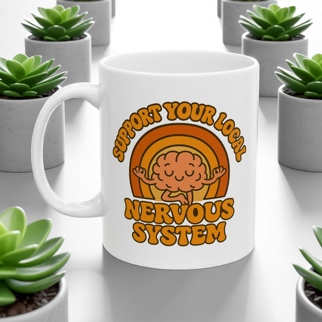 Support Your Local Nervous System Mug | Funny Brain Coffee Cup, Mental Health Gift, Retro Neurodiversity Humor Tea Mug for Self Care