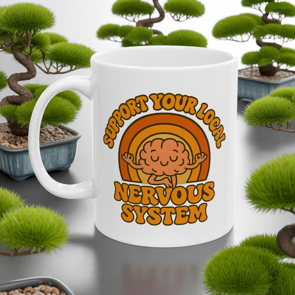 Support Your Local Nervous System Mug | Funny Brain Coffee Cup, Mental Health Gift, Retro Neurodiversity Humor Tea Mug for Self Care
