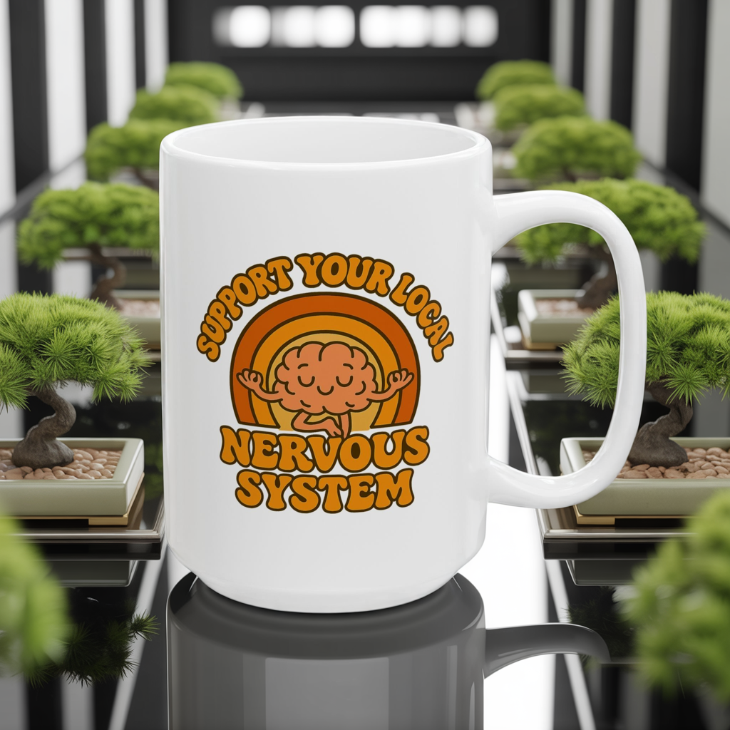 Support Your Local Nervous System Mug | Funny Brain Coffee Cup, Mental Health Gift, Retro Neurodiversity Humor Tea Mug for Self Care