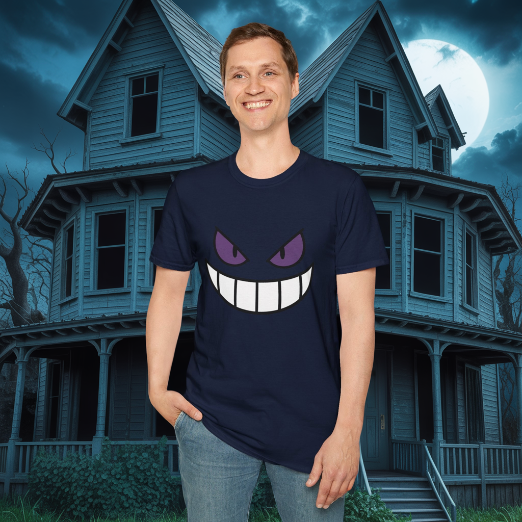 Mischievous Shadow Face Tee - Purple Eyes and Big Grin Graphic Shirt | Spooky Cute Gift, Retro Gaming Vibe, Funny Halloween Unisex Top