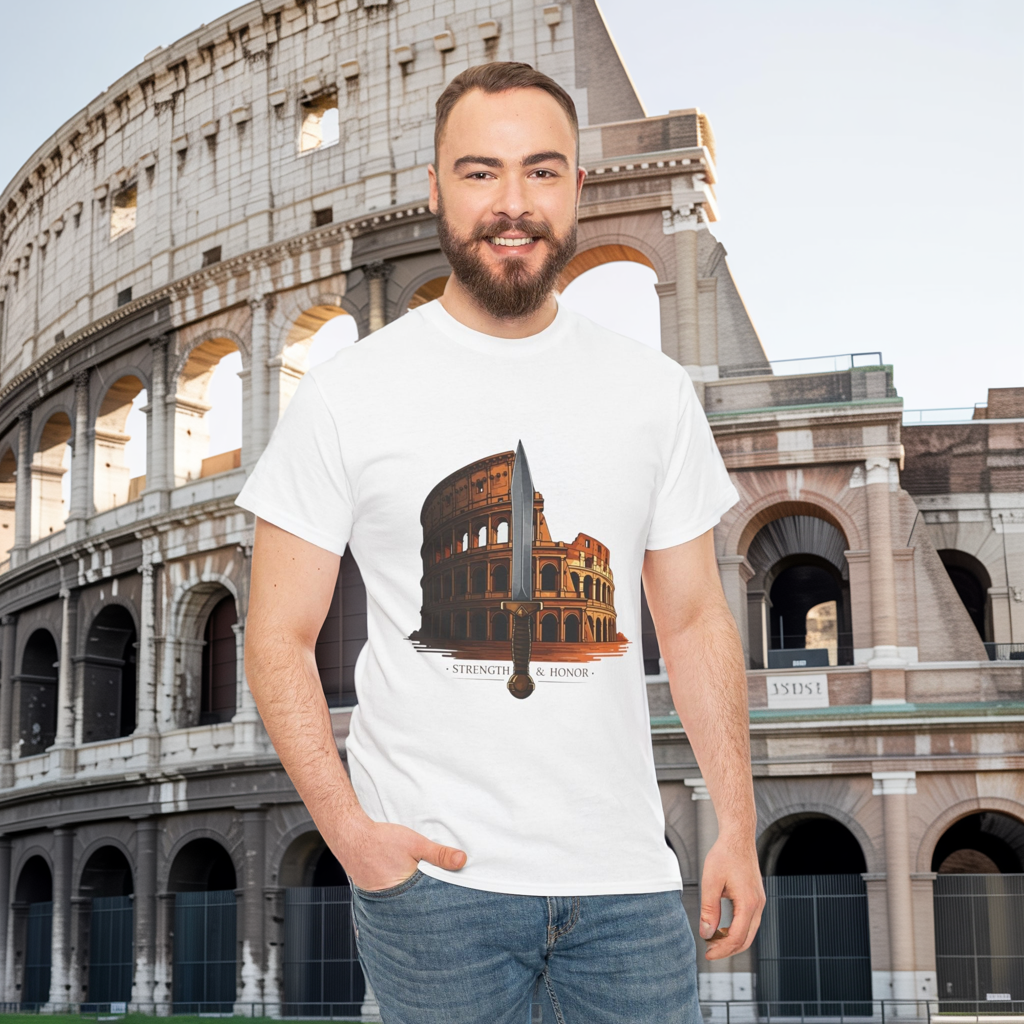 Strength & Honor Gladiator Shirt – Roman Colosseum Sword Graphic Tee – Ancient Rome History T-Shirt for Gladiator & Travel Fans