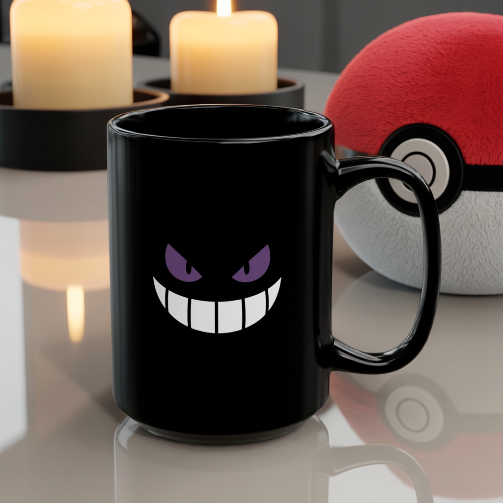 Mischievous Purple Eyes Mug - Black Coffee Cup with Spooky Grin - Cute Yet Creepy Gift for Gamers, Anime Fans, and Coffee Lovers
