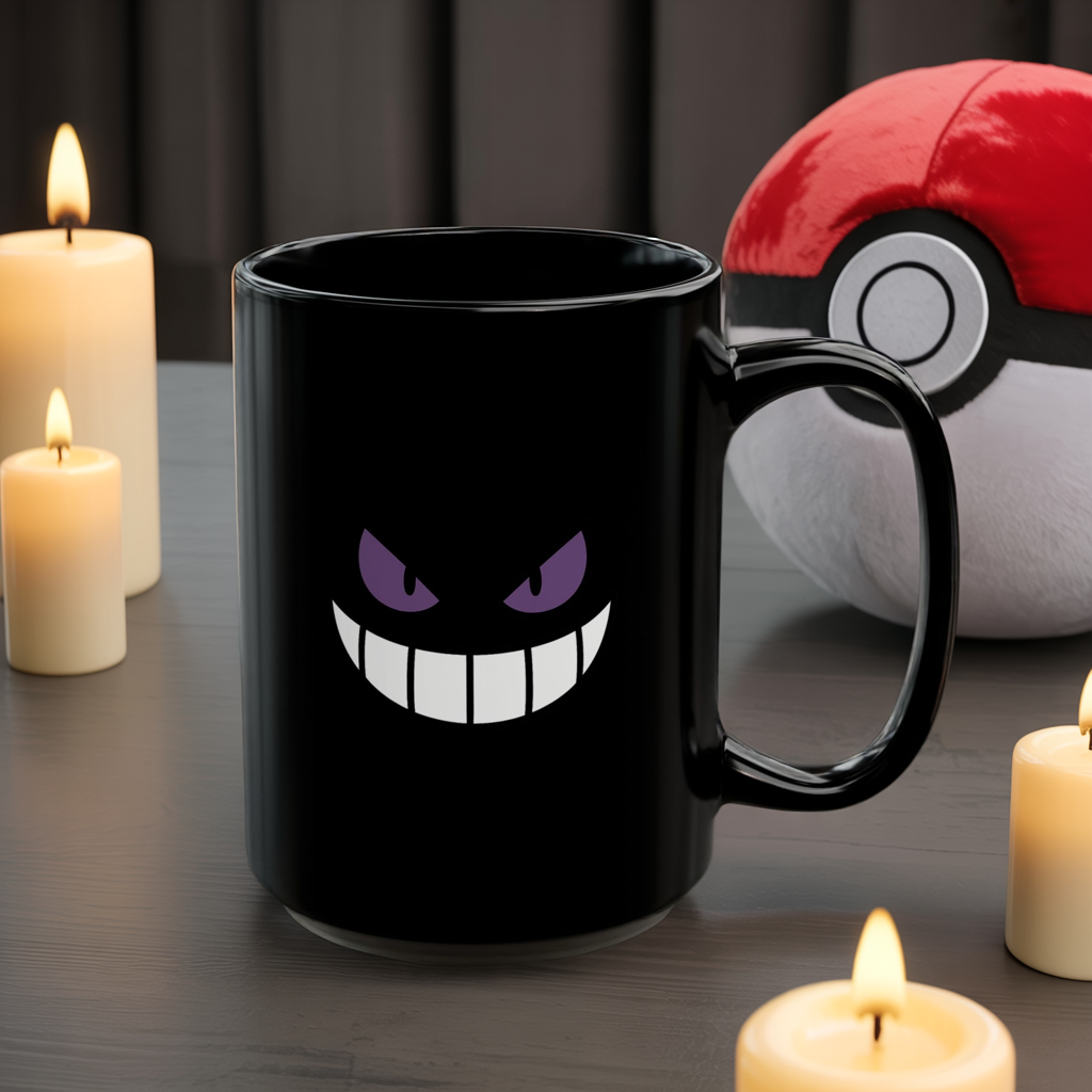Mischievous Purple Eyes Mug - Black Coffee Cup with Spooky Grin - Cute Yet Creepy Gift for Gamers, Anime Fans, and Coffee Lovers