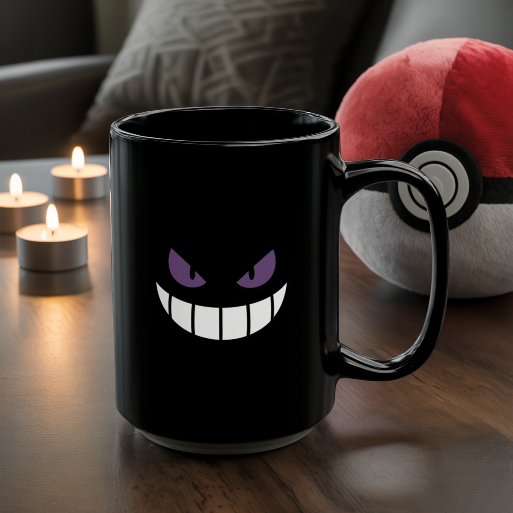 Mischievous Purple Eyes Mug - Black Coffee Cup with Spooky Grin - Cute Yet Creepy Gift for Gamers, Anime Fans, and Coffee Lovers