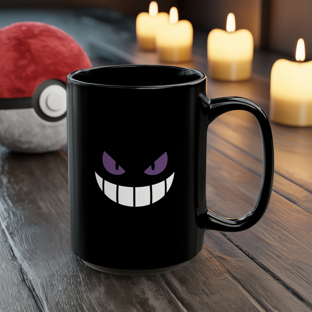 Mischievous Purple Eyes Mug - Black Coffee Cup with Spooky Grin - Cute Yet Creepy Gift for Gamers, Anime Fans, and Coffee Lovers