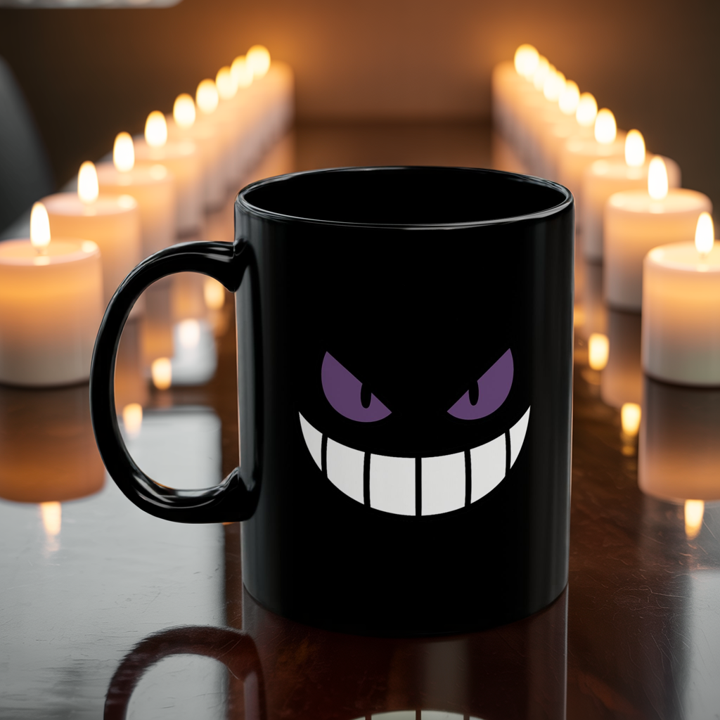 Mischievous Purple Eyes Mug - Black Coffee Cup with Spooky Grin - Cute Yet Creepy Gift for Gamers, Anime Fans, and Coffee Lovers