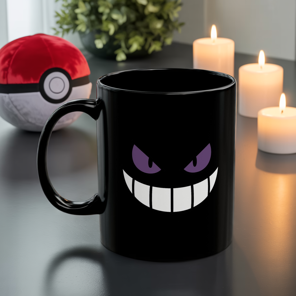 Mischievous Purple Eyes Mug - Black Coffee Cup with Spooky Grin - Cute Yet Creepy Gift for Gamers, Anime Fans, and Coffee Lovers