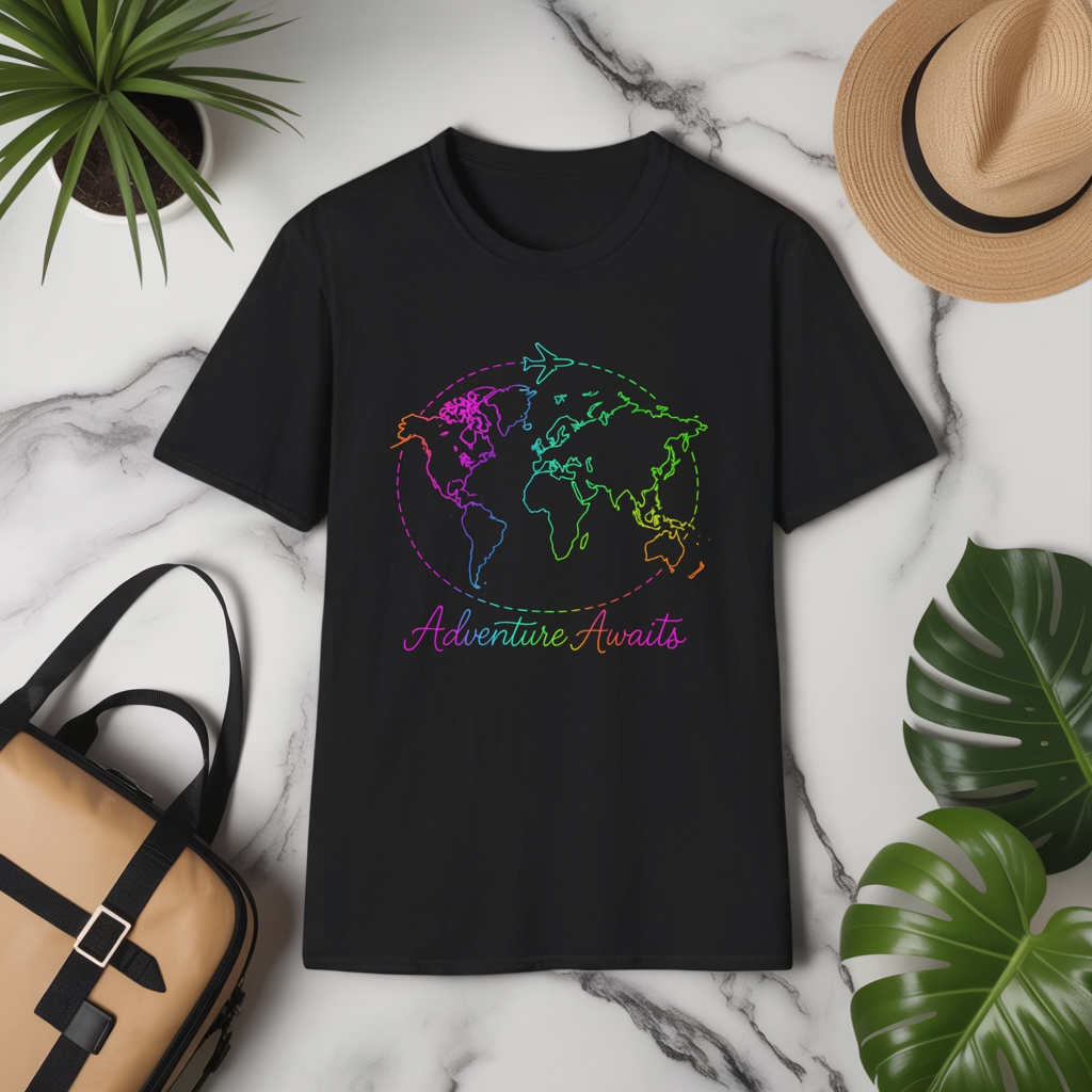 Adventure Awaits Neon Y2K Shirt - Retro Travel Tee, Rainbow Globe Graphic, Aesthetic Vacation Top, Y2K Gift for Travelers