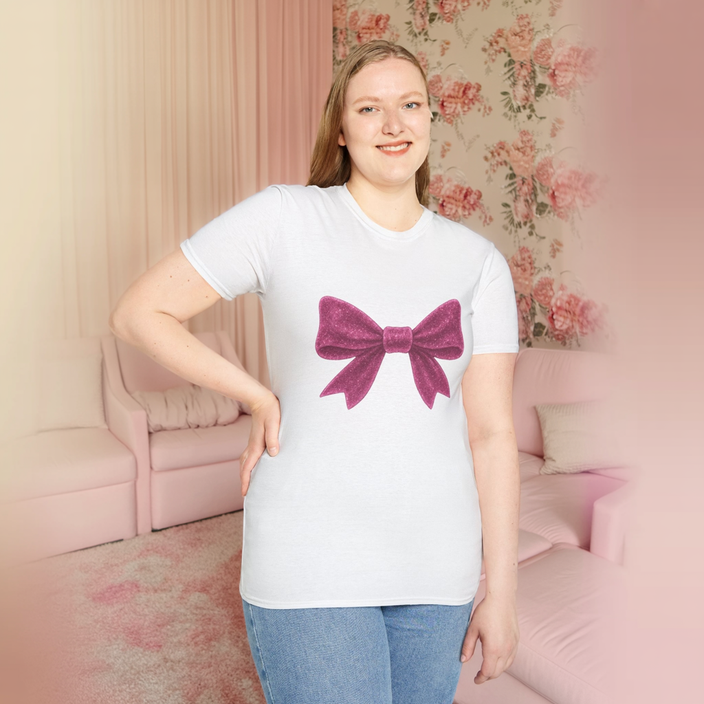 Feminine Pink Bow Graphic Tee | Coquette Bow T-Shirt | Sparkly Ribbon Shirt for Soft Girl Aesthetic | Gift for Her