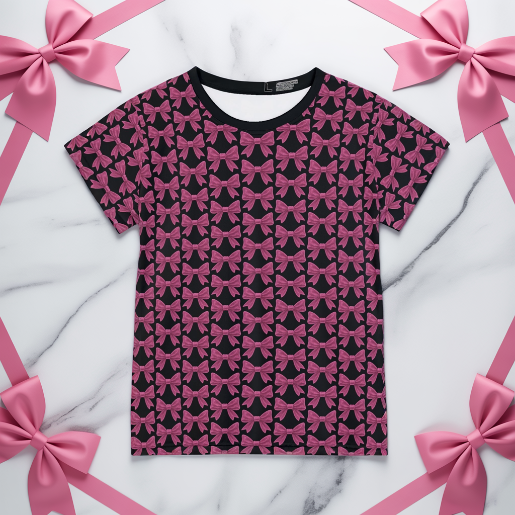 Coquette Bow Pattern Tee – All-Over Pink Ribbon Design T-Shirt for Soft-Girl Aesthetic Lovers – Pastel Bows Top, Perfect Girly Gift