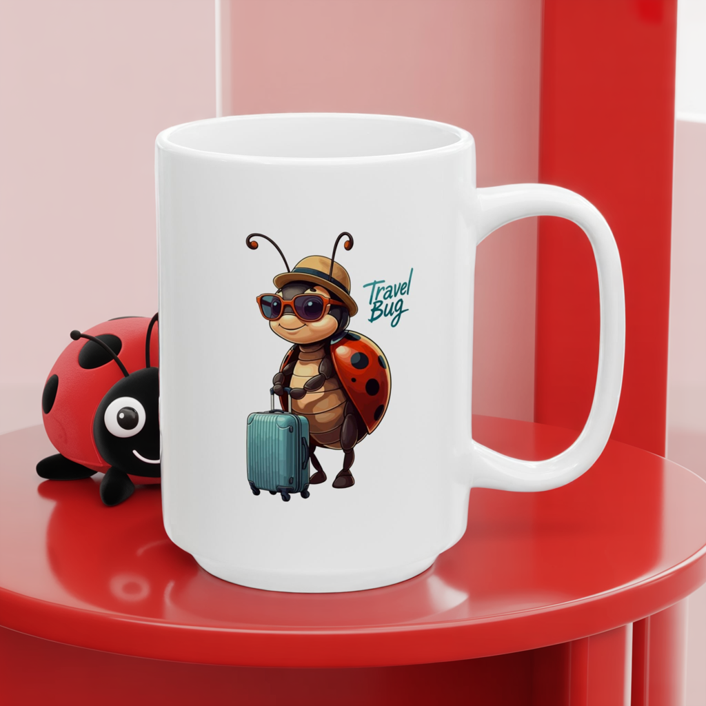 Travel Bug Coffee Mug – Cute Ladybug Traveler Ceramic Mug, Whimsical Travel Gift, Eco-Friendly Kitchen Cup for Bug Lovers