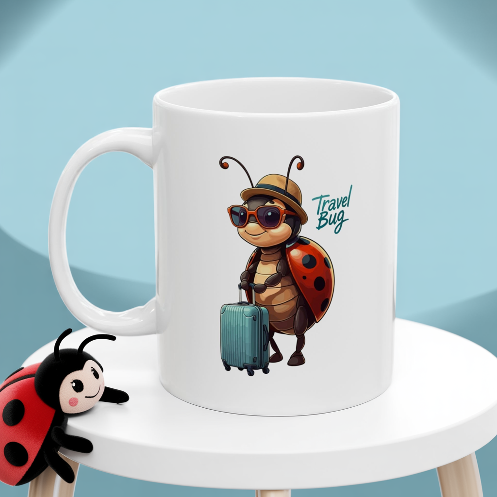 Travel Bug Coffee Mug – Cute Ladybug Traveler Ceramic Mug, Whimsical Travel Gift, Eco-Friendly Kitchen Cup for Bug Lovers
