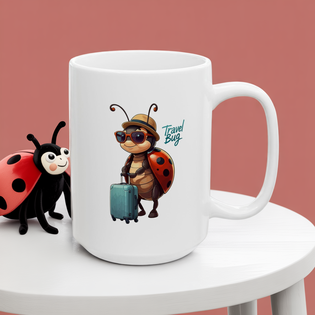 Travel Bug Coffee Mug – Cute Ladybug Traveler Ceramic Mug, Whimsical Travel Gift, Eco-Friendly Kitchen Cup for Bug Lovers