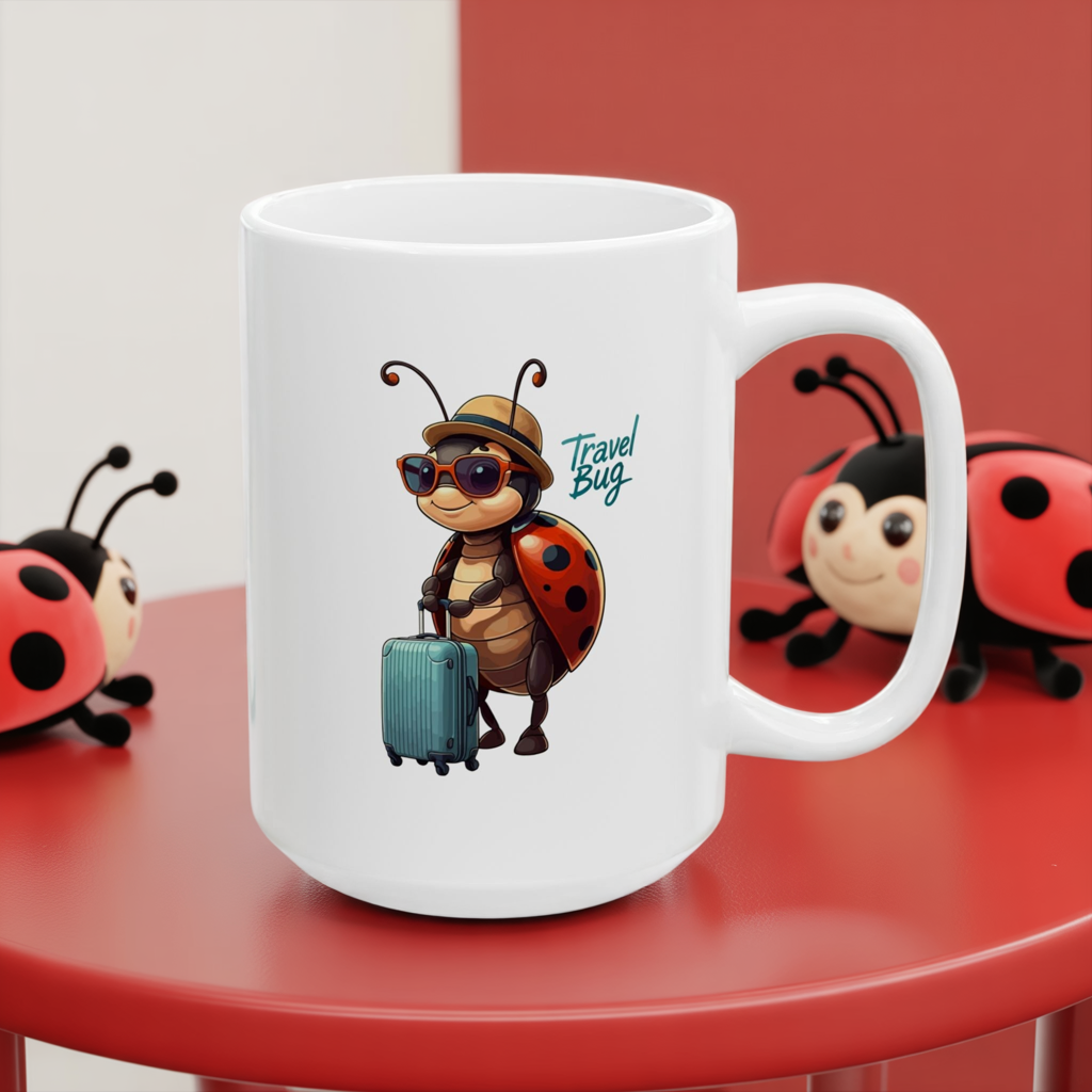 Travel Bug Coffee Mug – Cute Ladybug Traveler Ceramic Mug, Whimsical Travel Gift, Eco-Friendly Kitchen Cup for Bug Lovers