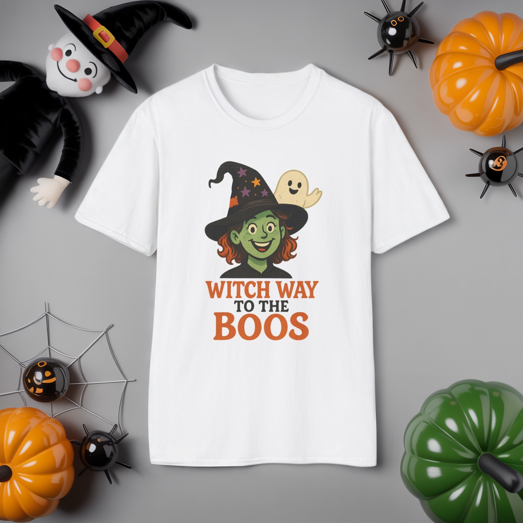 Witch Way to the Boos Halloween Shirt | Cute Witch and Ghost T-Shirt | Spooky Season Graphic Tee | Funny Halloween Costume Top