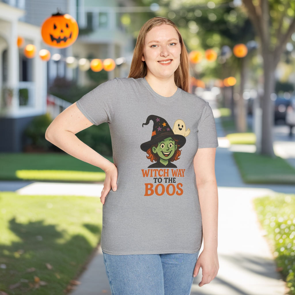Witch Way to the Boos Halloween Shirt | Cute Witch and Ghost T-Shirt | Spooky Season Graphic Tee | Funny Halloween Costume Top