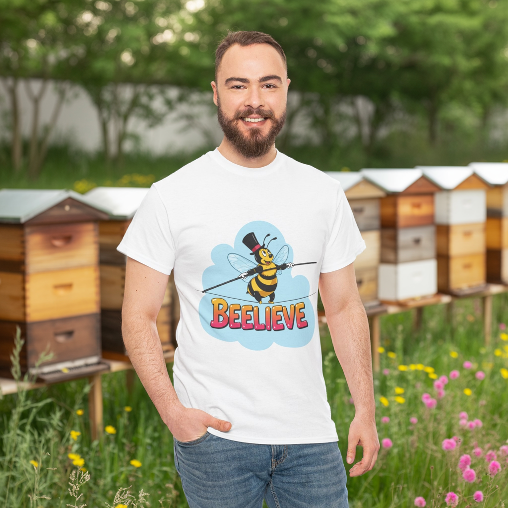 “Beelieve” Bee Pun T‑Shirt | Cute Bee Graphic Tee | Inspirational Pun Shirt | Funny Nature Lover Gift | Bee Belief Positive Vibes Tee
