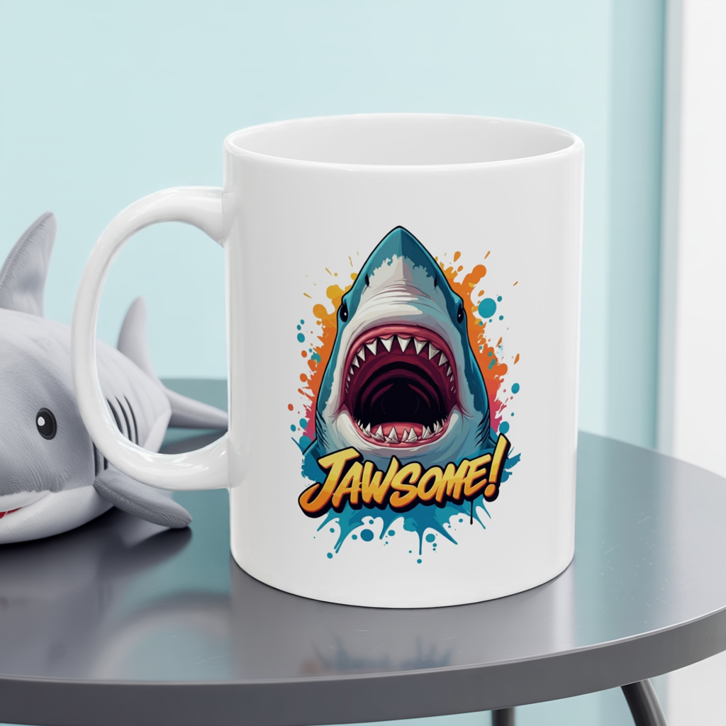 “JAWSOME!” Shark Mug | Funny Shark Coffee Mug | Punny Ocean Lover Gift | Shark Lover Cup | Bold Marine Art Mug | Unique Animal Pun Mug
