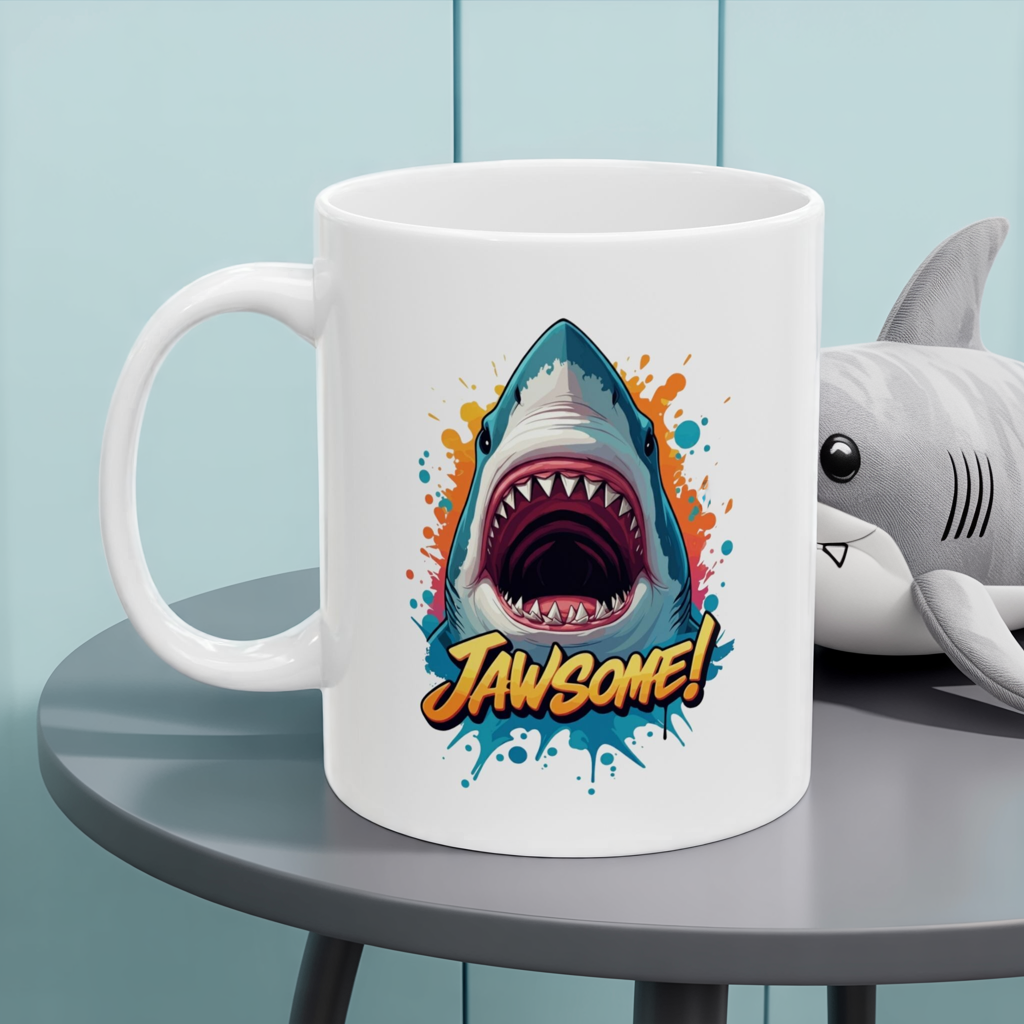“JAWSOME!” Shark Mug | Funny Shark Coffee Mug | Punny Ocean Lover Gift | Shark Lover Cup | Bold Marine Art Mug | Unique Animal Pun Mug