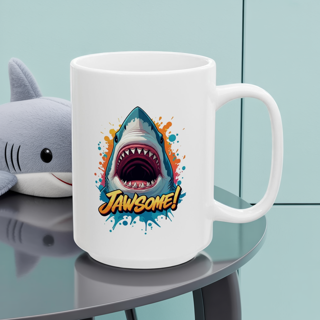 “JAWSOME!” Shark Mug | Funny Shark Coffee Mug | Punny Ocean Lover Gift | Shark Lover Cup | Bold Marine Art Mug | Unique Animal Pun Mug