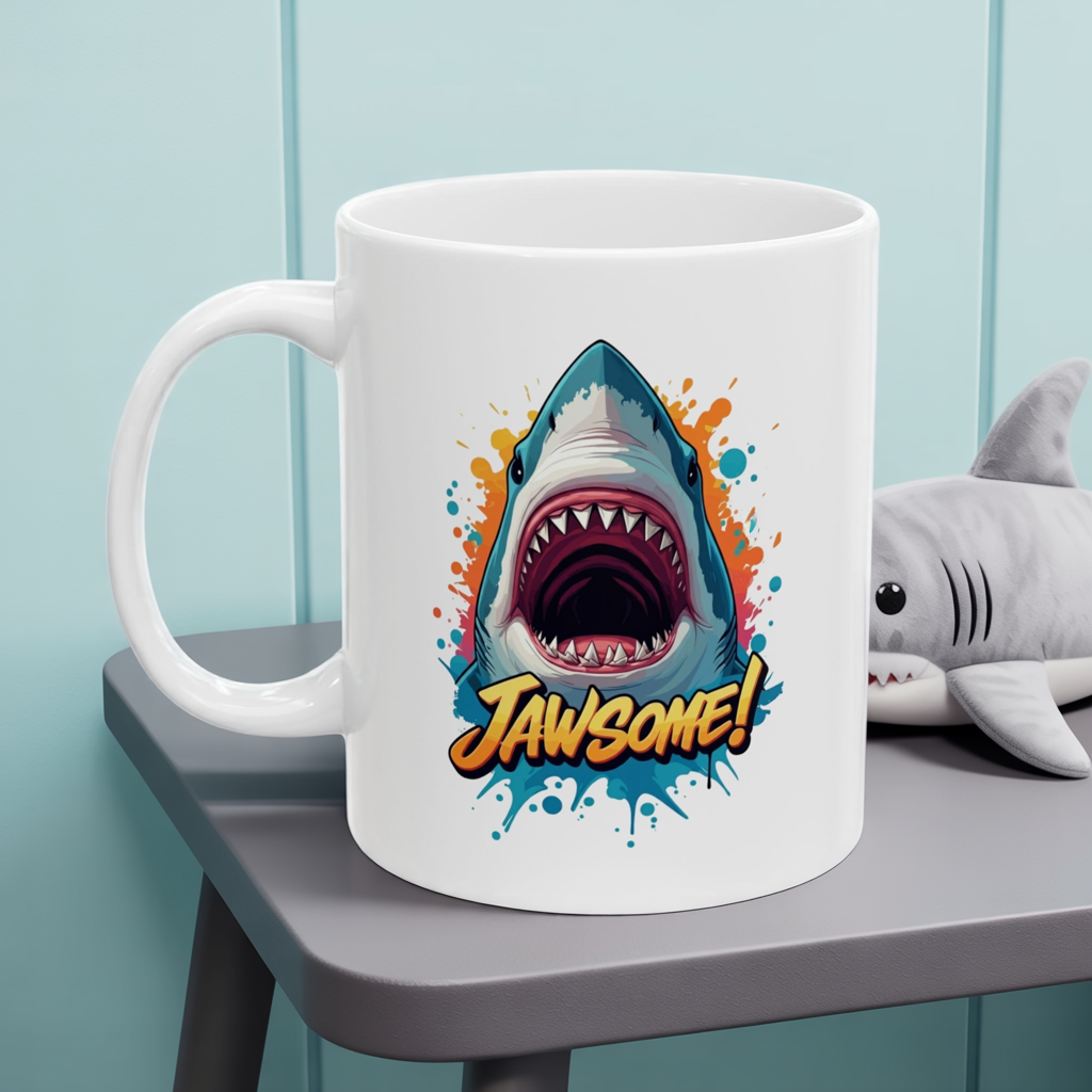 “JAWSOME!” Shark Mug | Funny Shark Coffee Mug | Punny Ocean Lover Gift | Shark Lover Cup | Bold Marine Art Mug | Unique Animal Pun Mug
