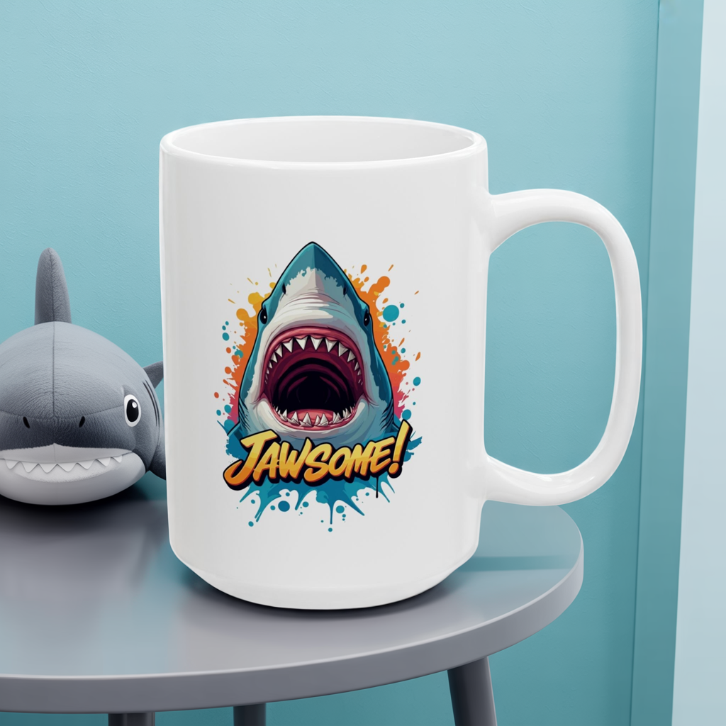 “JAWSOME!” Shark Mug | Funny Shark Coffee Mug | Punny Ocean Lover Gift | Shark Lover Cup | Bold Marine Art Mug | Unique Animal Pun Mug