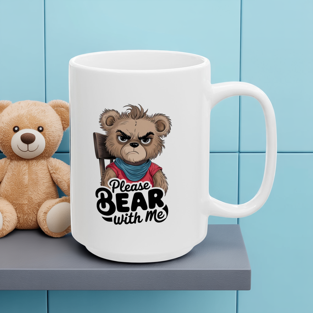 Please Bear With Me Mug | Funny Bear Coffee Cup | Sarcastic Animal Pun Gift | Cute Grumpy Bear Mug | Humor Coffee Cup for Work