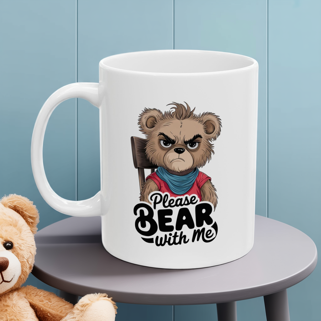 Please Bear With Me Mug | Funny Bear Coffee Cup | Sarcastic Animal Pun Gift | Cute Grumpy Bear Mug | Humor Coffee Cup for Work