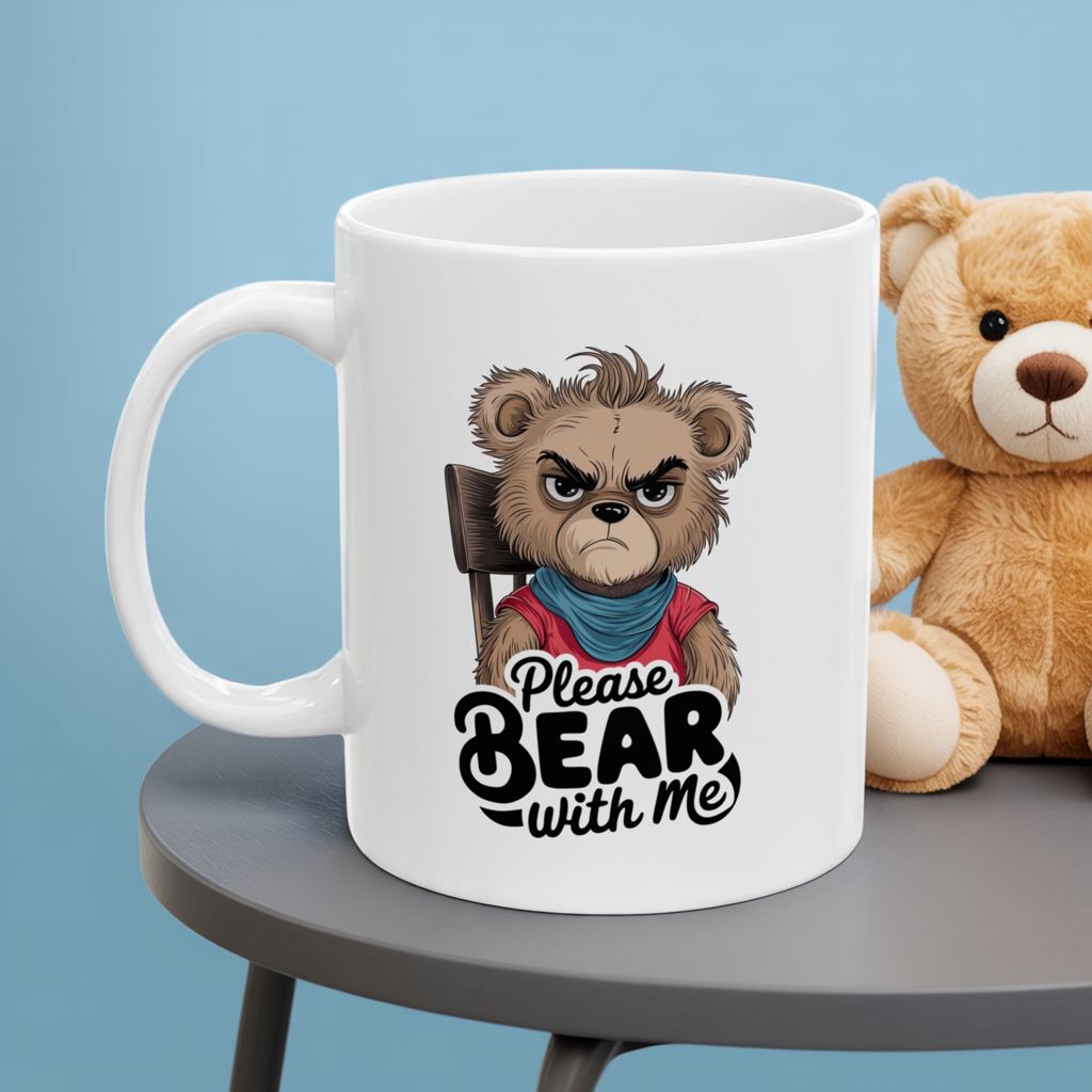 Please Bear With Me Mug | Funny Bear Coffee Cup | Sarcastic Animal Pun Gift | Cute Grumpy Bear Mug | Humor Coffee Cup for Work