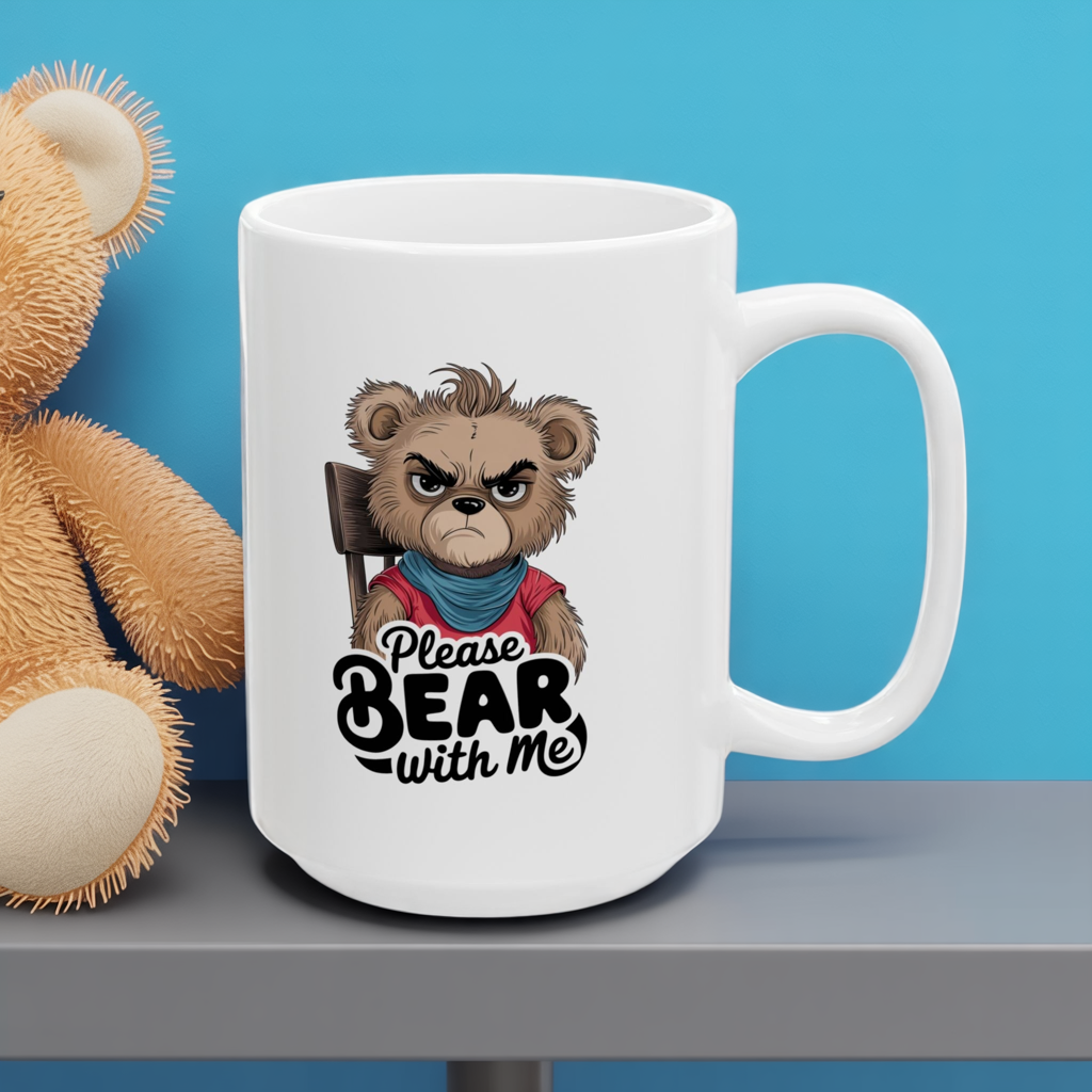 Please Bear With Me Mug | Funny Bear Coffee Cup | Sarcastic Animal Pun Gift | Cute Grumpy Bear Mug | Humor Coffee Cup for Work