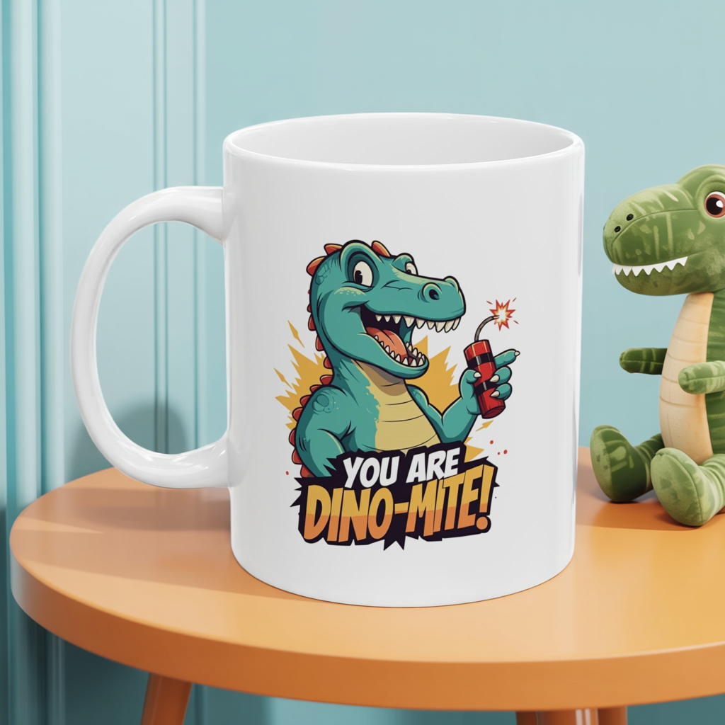 You Are Dino-Mite Mug – Funny Dinosaur Coffee Cup with Cute T-Rex Design – Gift for Him, Her, Kids – Dino Lover Kitchen Decor