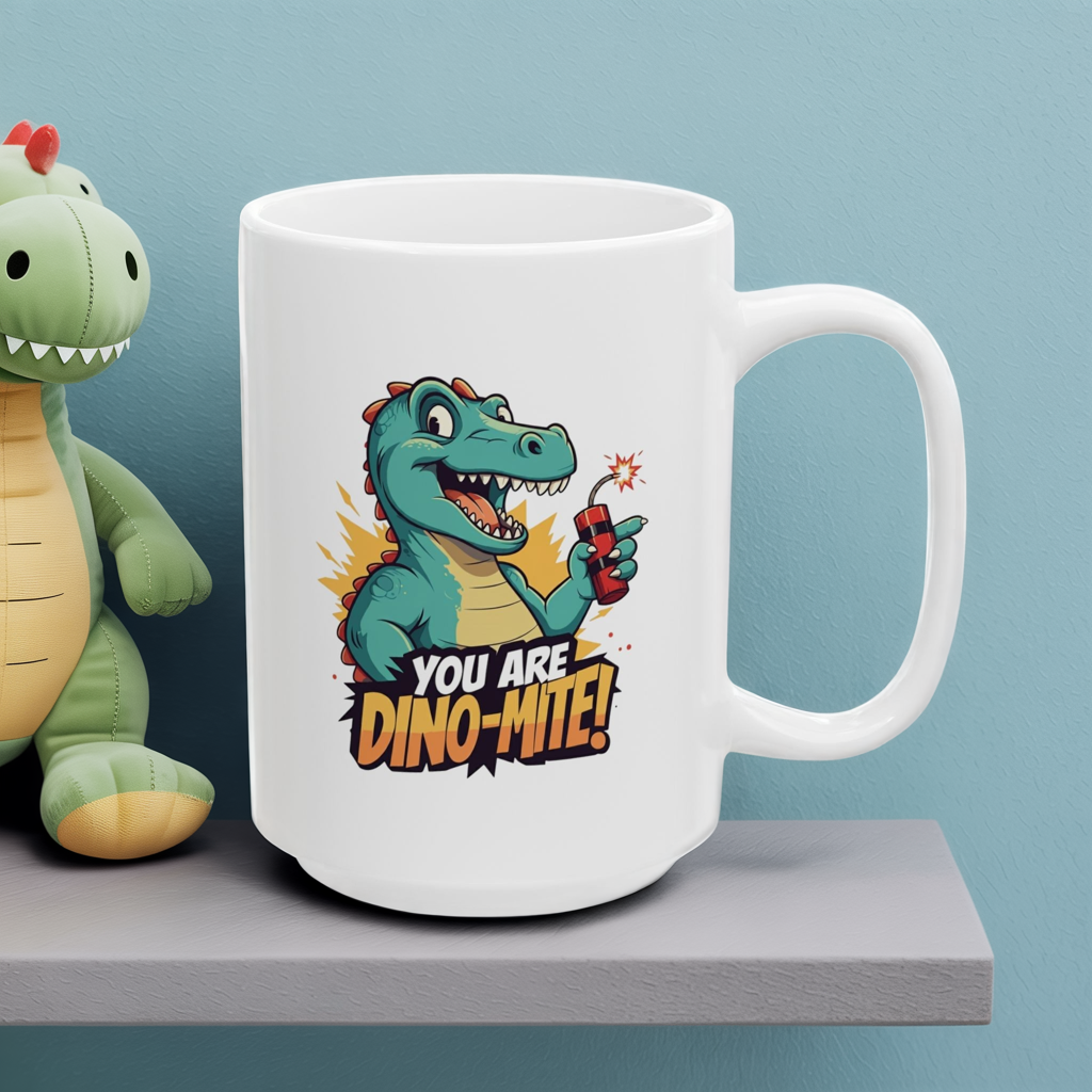 You Are Dino-Mite Mug – Funny Dinosaur Coffee Cup with Cute T-Rex Design – Gift for Him, Her, Kids – Dino Lover Kitchen Decor