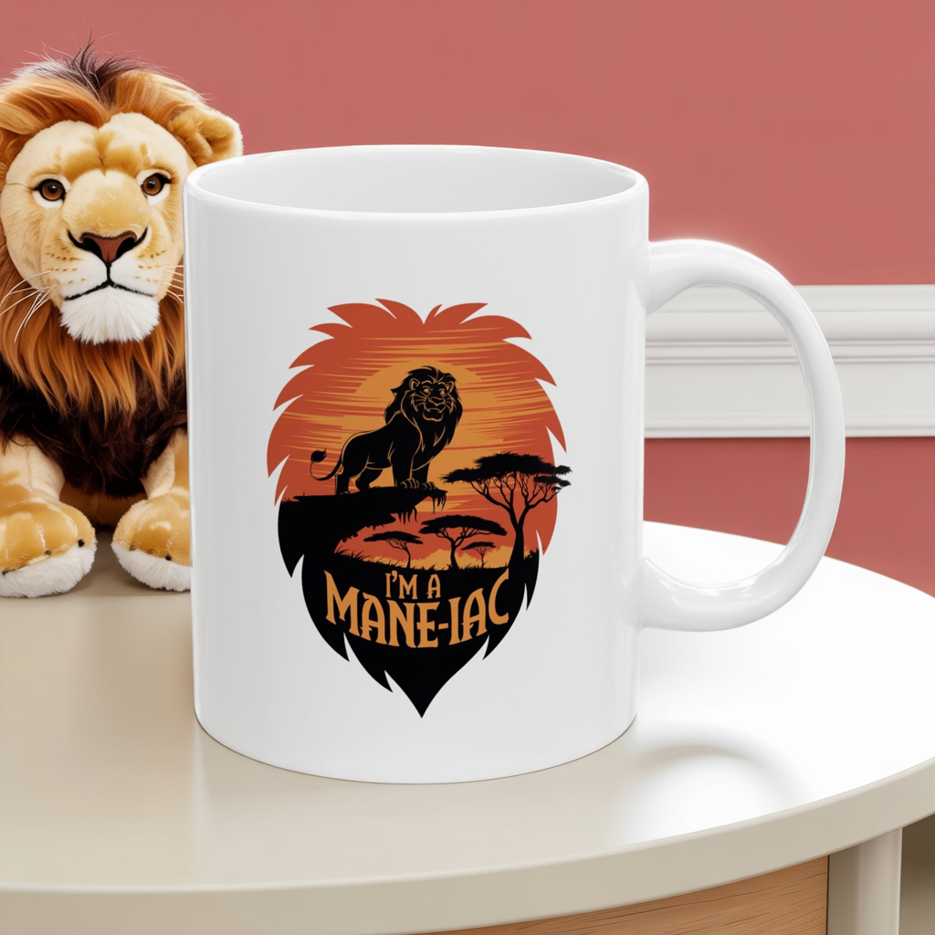 I’m a Mane-iac Lion Mug – Funny Animal Pun Coffee Cup – Safari Wildlife Gift for Him, Her, Kids – Bold Jungle Kitchen Decor
