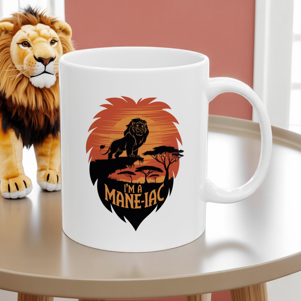 I’m a Mane-iac Lion Mug – Funny Animal Pun Coffee Cup – Safari Wildlife Gift for Him, Her, Kids – Bold Jungle Kitchen Decor