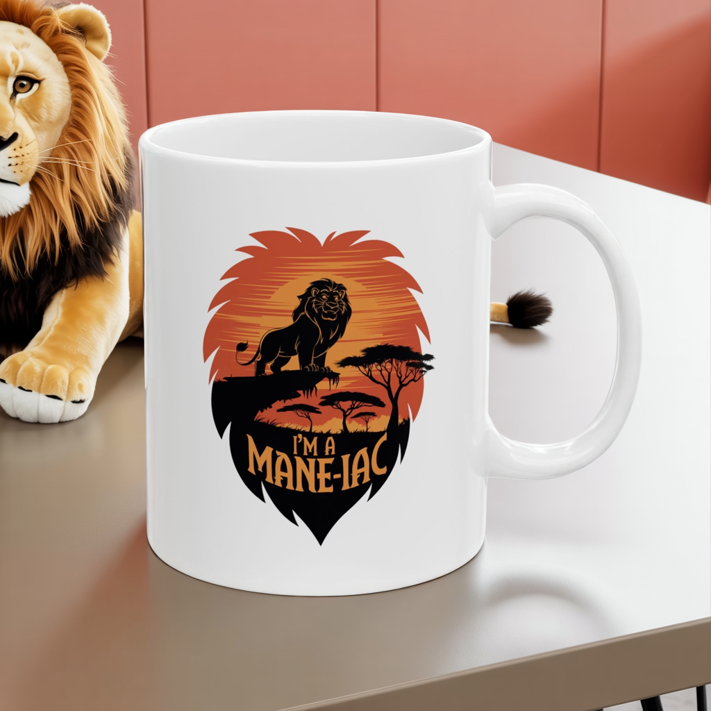 I’m a Mane-iac Lion Mug – Funny Animal Pun Coffee Cup – Safari Wildlife Gift for Him, Her, Kids – Bold Jungle Kitchen Decor