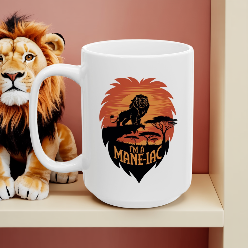 I’m a Mane-iac Lion Mug – Funny Animal Pun Coffee Cup – Safari Wildlife Gift for Him, Her, Kids – Bold Jungle Kitchen Decor