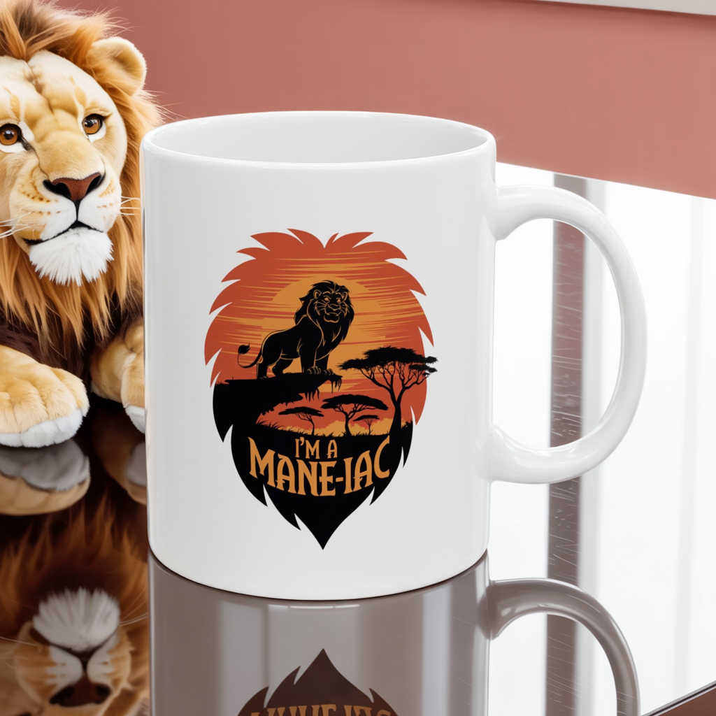 I’m a Mane-iac Lion Mug – Funny Animal Pun Coffee Cup – Safari Wildlife Gift for Him, Her, Kids – Bold Jungle Kitchen Decor