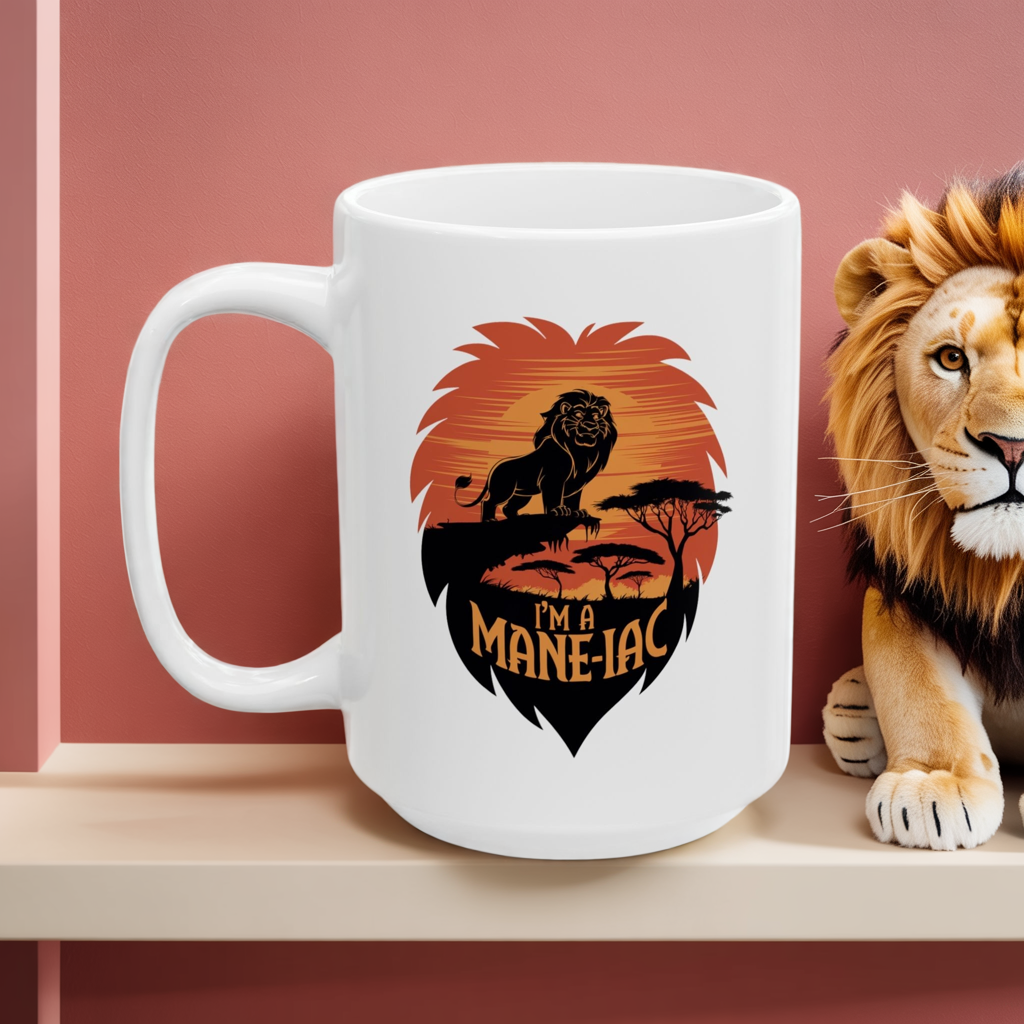 I’m a Mane-iac Lion Mug – Funny Animal Pun Coffee Cup – Safari Wildlife Gift for Him, Her, Kids – Bold Jungle Kitchen Decor