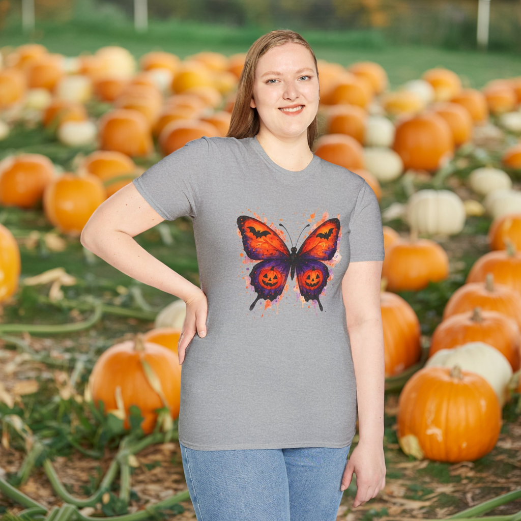 Halloween Watercolor Butterfly T-Shirt - Pumpkin Butterfly Tee, Spooky Butterfly Shirt, Bat and Jack-O'Lantern Wings, Fall Aesthetic Tee