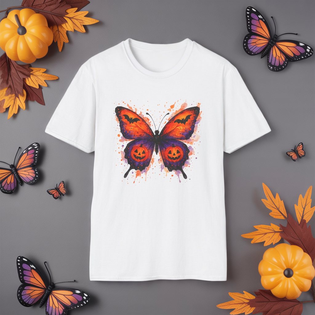 Halloween Watercolor Butterfly T-Shirt - Pumpkin Butterfly Tee, Spooky Butterfly Shirt, Bat and Jack-O'Lantern Wings, Fall Aesthetic Tee