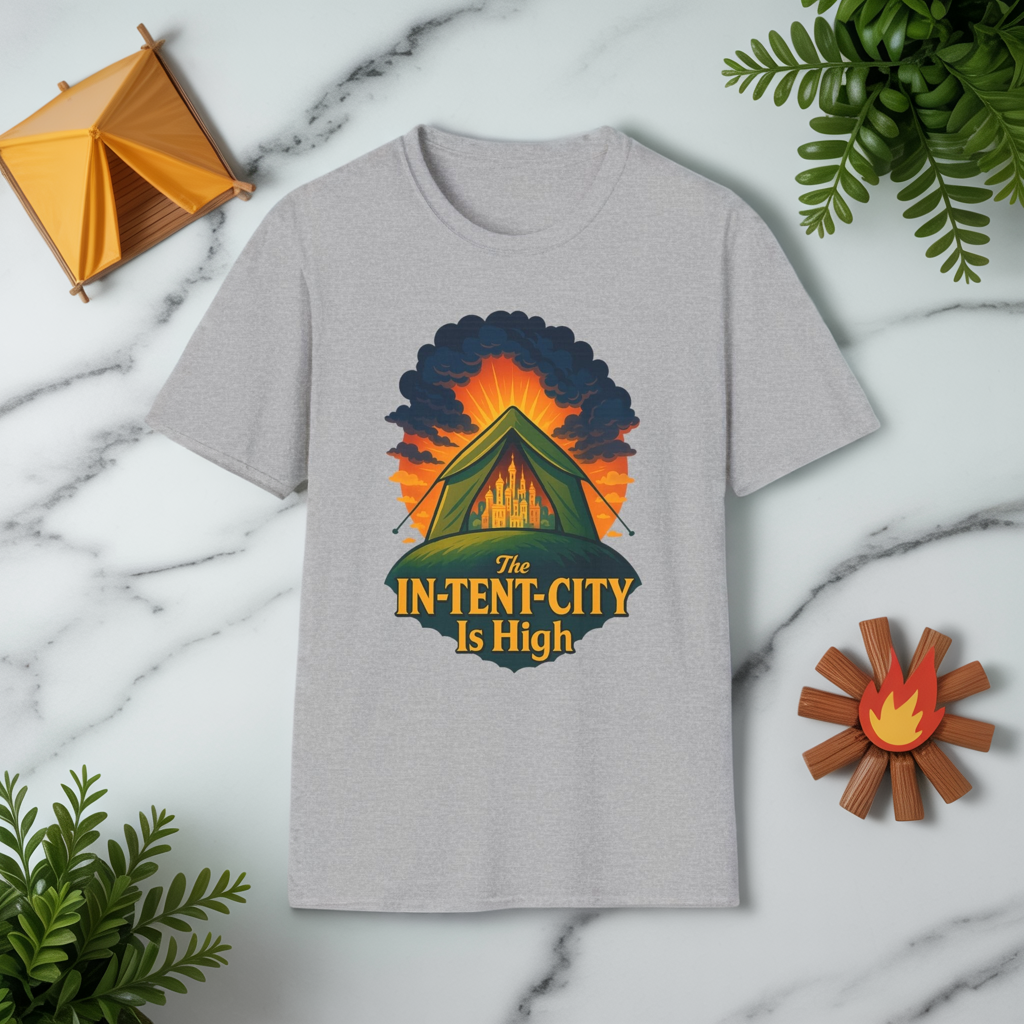 In-Tent-City Is High Camping Tee | Retro Tent Graphic T-Shirt for Hikers & Campers | Funny Outdoorsy Gift | Vintage Style Unisex Tee