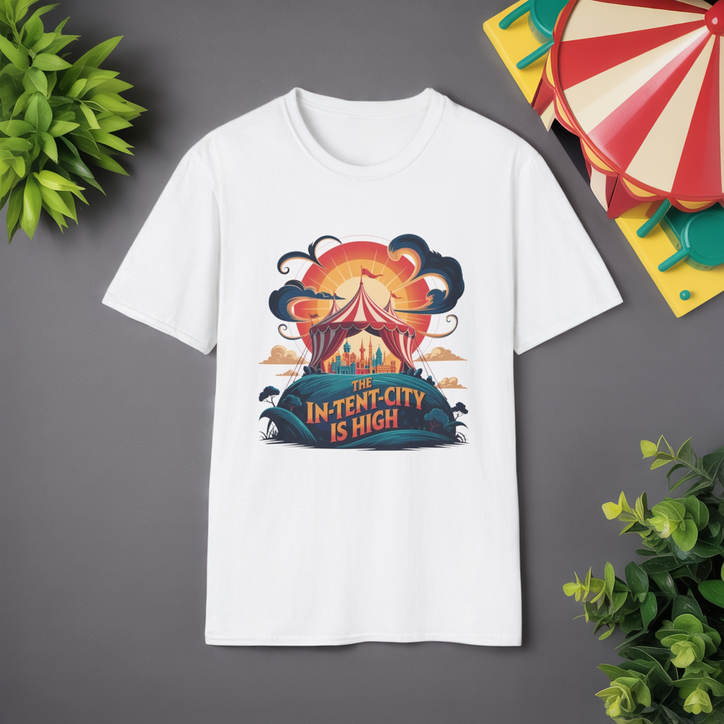 In-Tent-City Is High Retro Camp T-Shirt | Vintage Circus Tent + Cityscape Graphic | Funny Outdoors Urban Adventure Tee | Unisex Camper Shirt