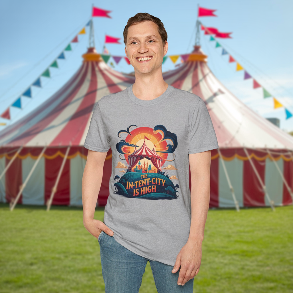 In-Tent-City Is High Retro Camp T-Shirt | Vintage Circus Tent + Cityscape Graphic | Funny Outdoors Urban Adventure Tee | Unisex Camper Shirt