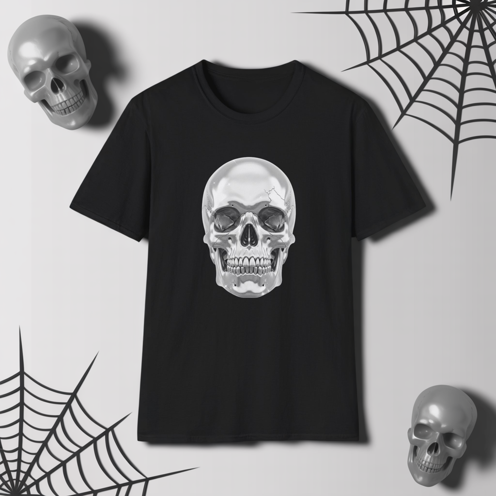 Chrome Skull Graphic Tee - Edgy Metallic Skull Shirt - Retro Rock Vibe, Dark Aesthetic, Unisex Cool Gift - Trendy Fashion Statement Top